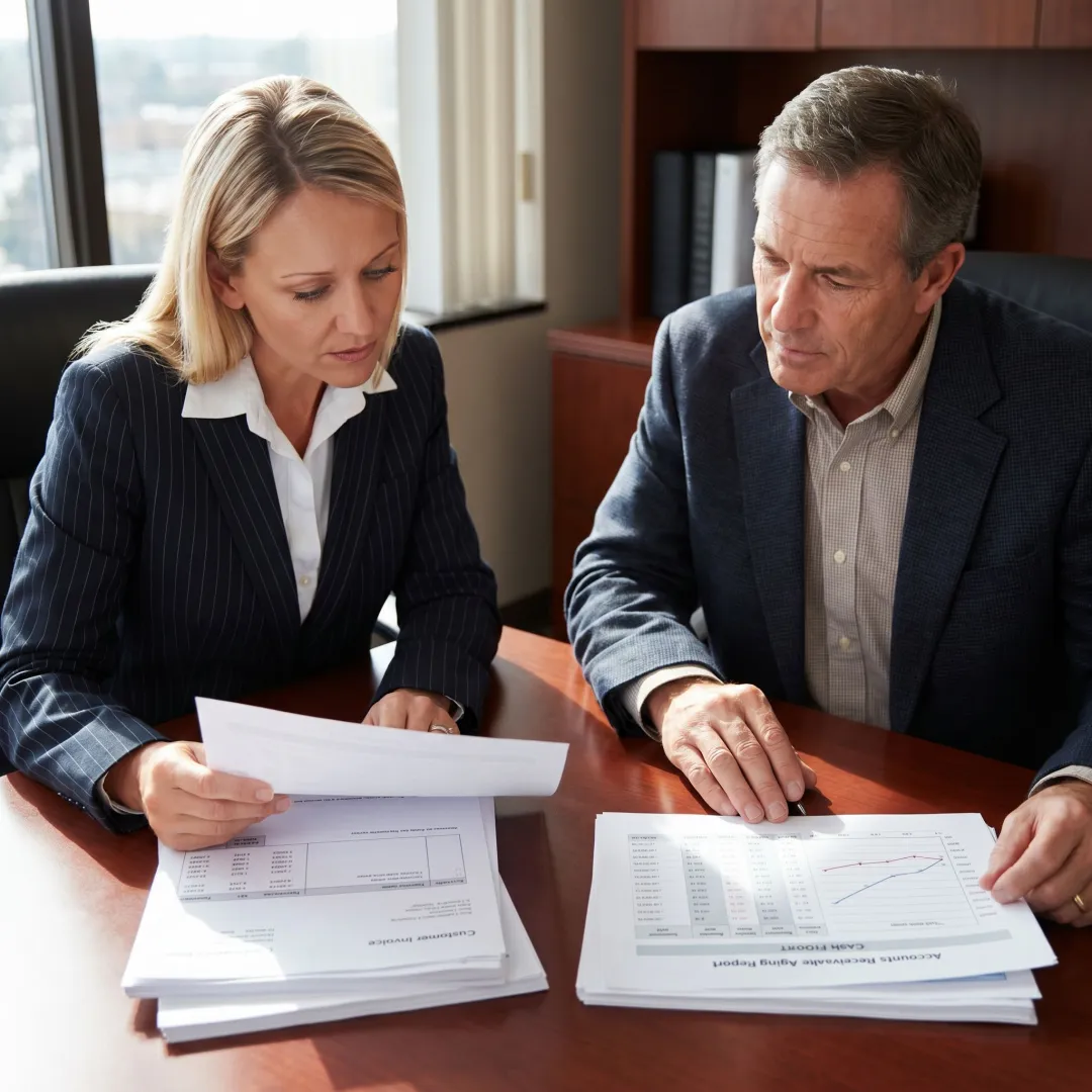 Financial professional reviewing invoices with business owner