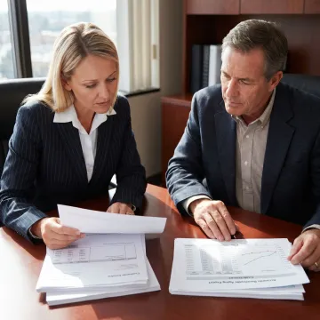 Financial professional reviewing invoices with business owner