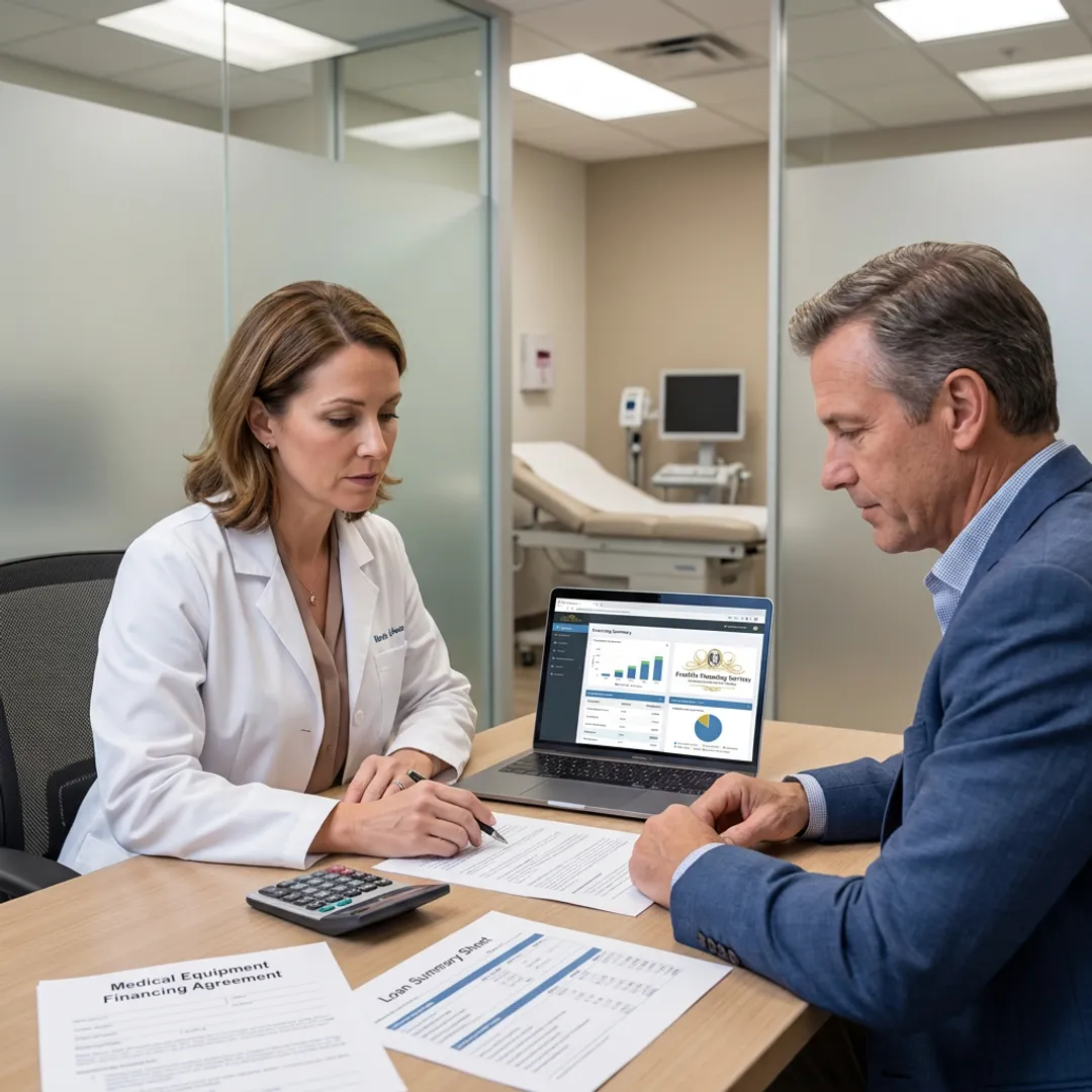 Medical practice owner reviewing financing paperwork