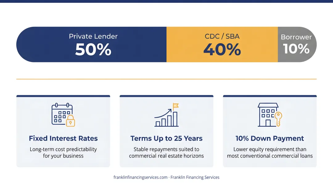 SBA 504 loan three-party funding structure showing 50-40-10 percent split diagram