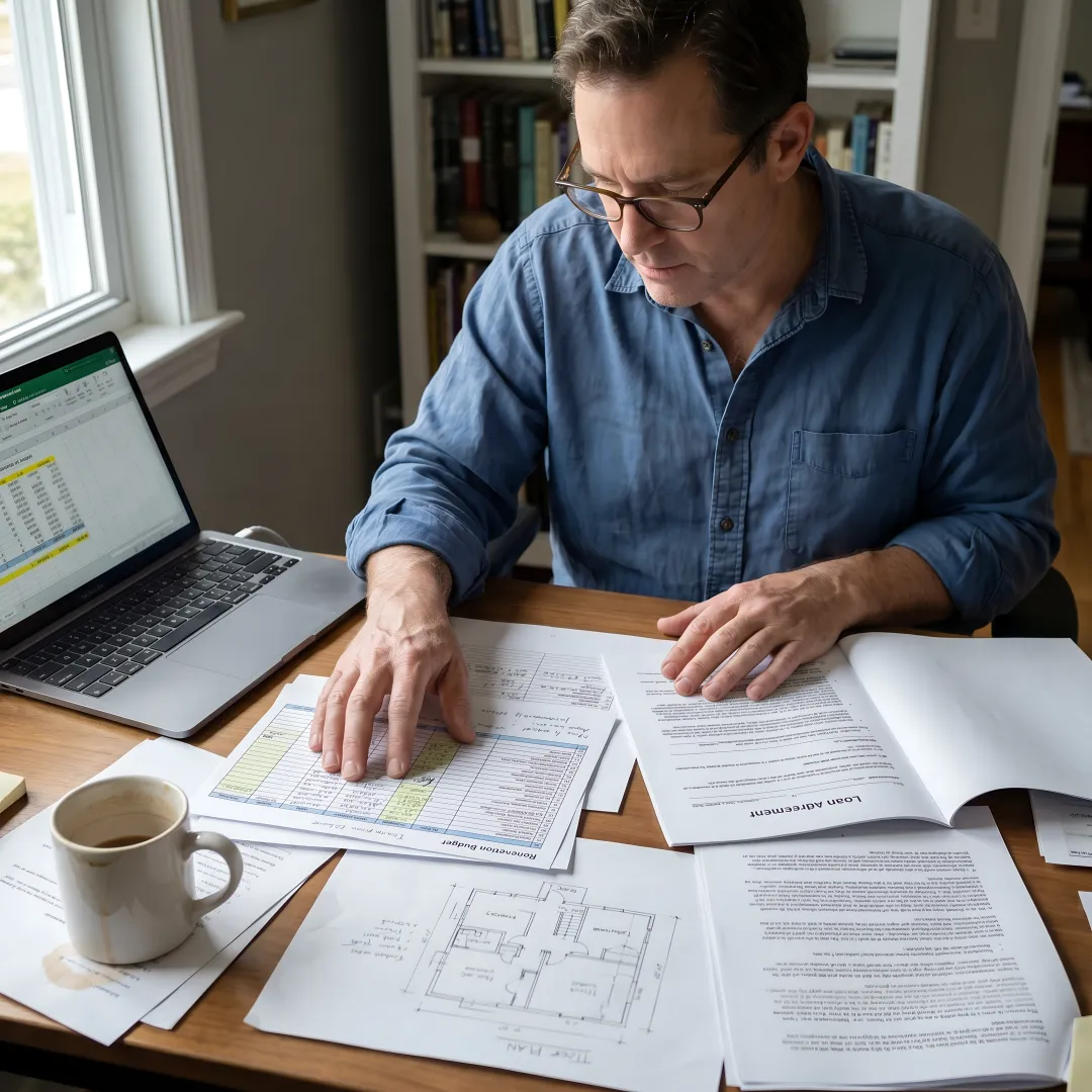 Investor reviewing renovation financing plans