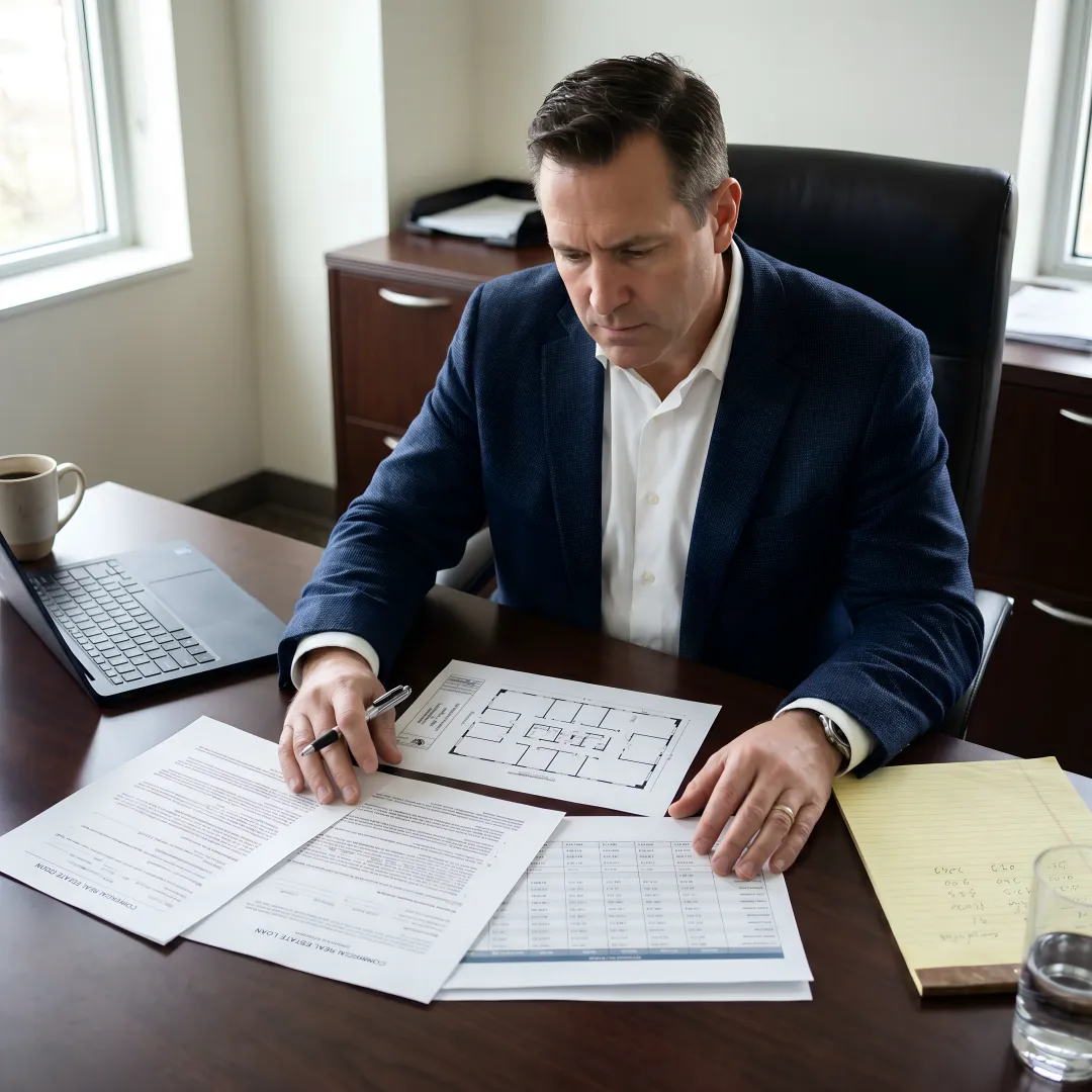 Commercial financing specialist reviewing loan documents