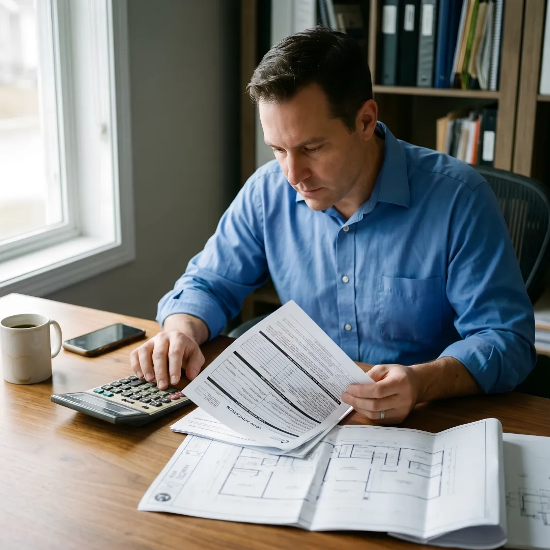 Real estate investor reviewing property financing documents