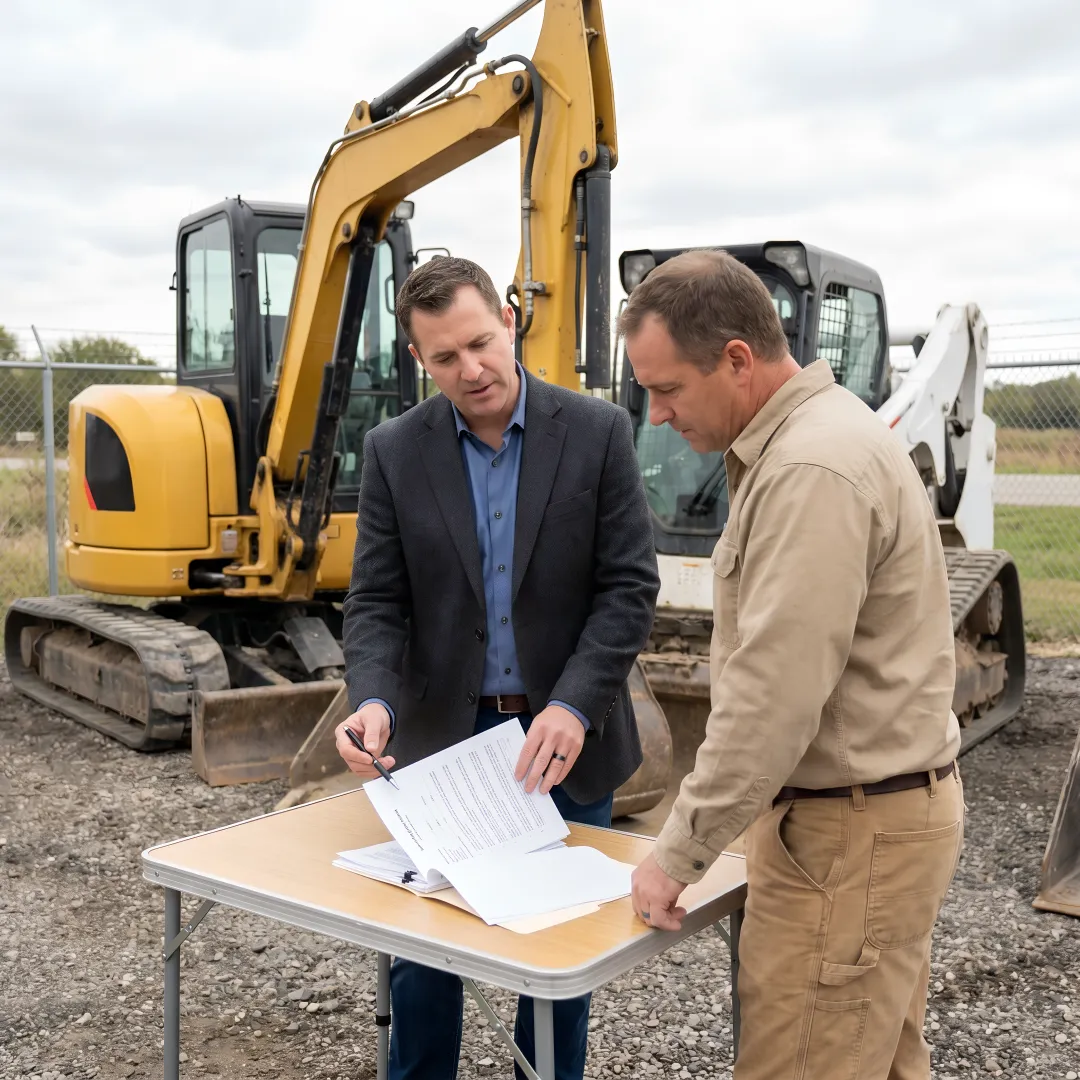 Financial specialist reviewing construction equipment financing documents
