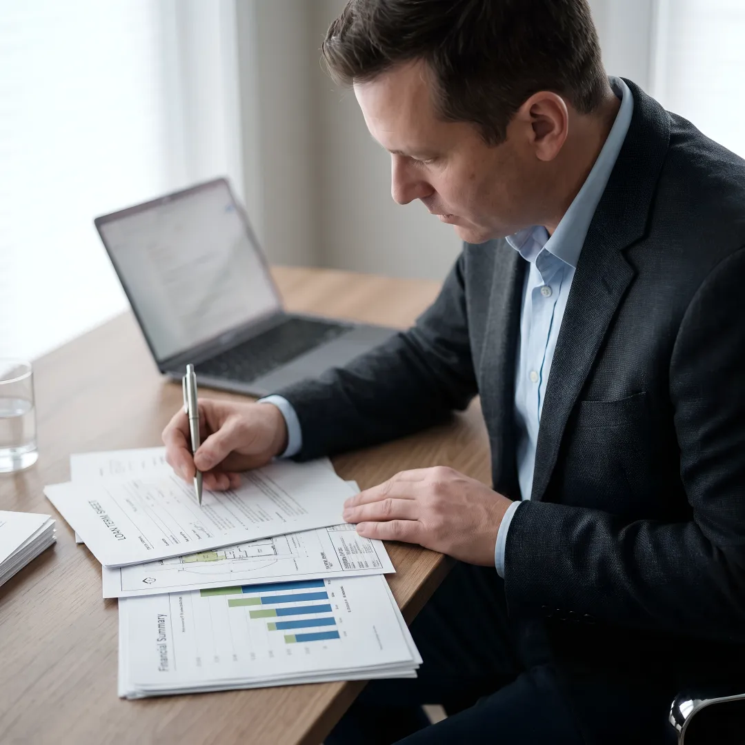 Investor reviewing property financing documents