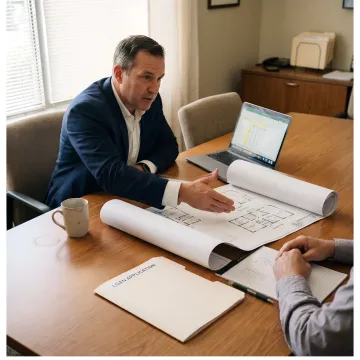 Financial specialist reviewing real estate renovation loan documents