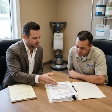 Cleaning business owner reviewing financing documents