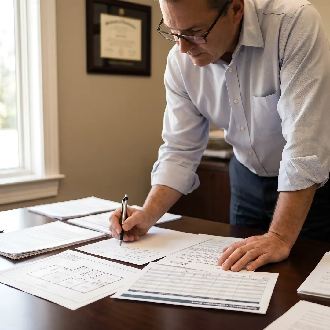 Financial advisor reviewing real estate acquisition documents