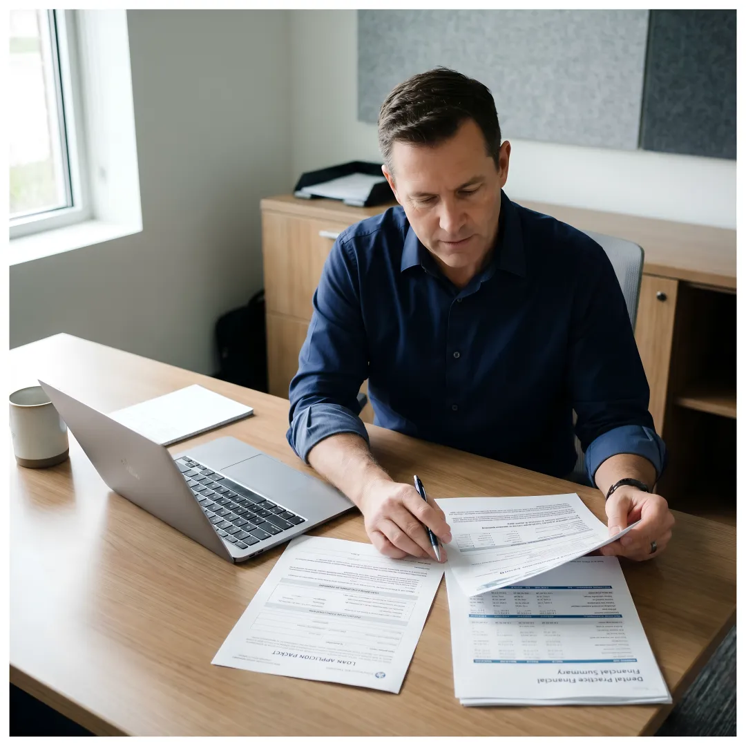 Financial specialist reviewing dental practice acquisition documents