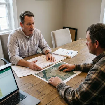 Financing specialist reviewing farm real estate documents