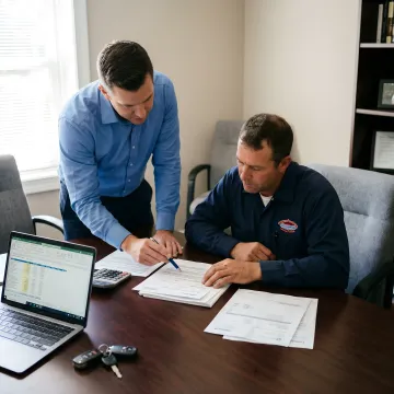 Business owner reviewing plumbing company financing documents