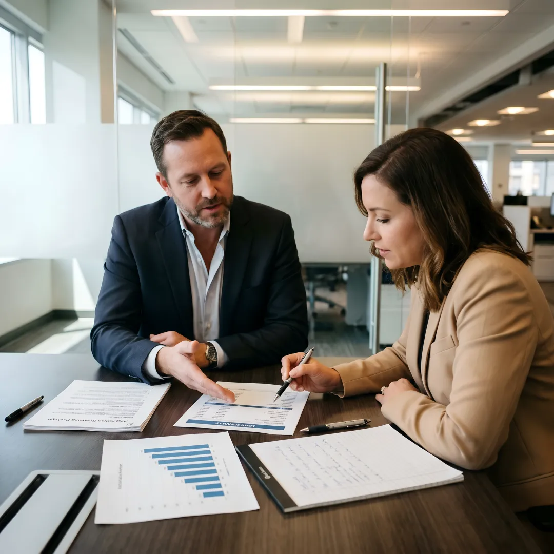 Business owner reviewing acquisition loan documents