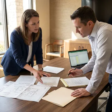 Business owners reviewing land acquisition financing documents