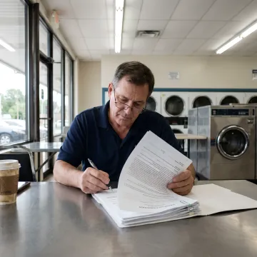 Laundromat owner reviewing business loan options