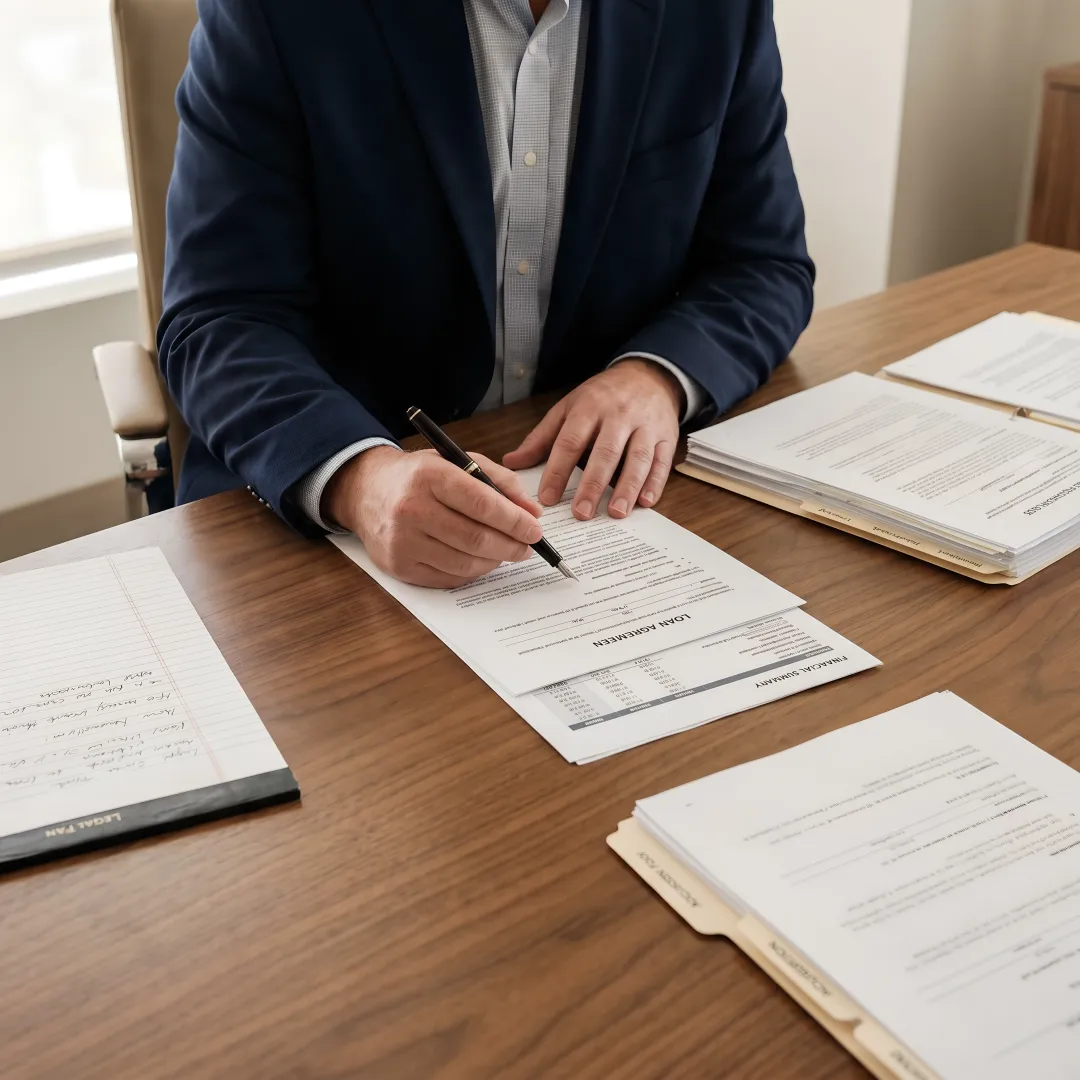 Financial advisor organizing acquisition loan paperwork