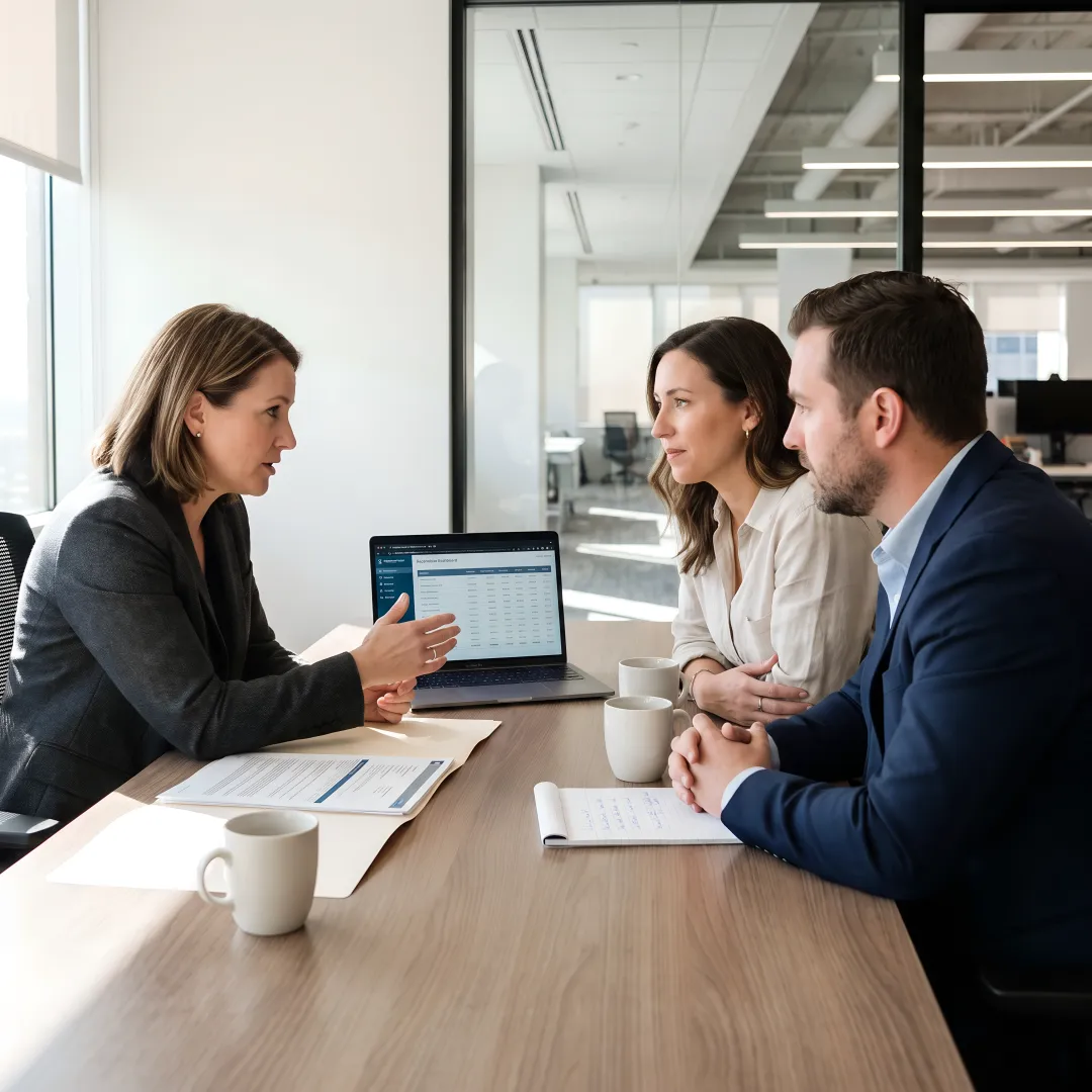 Consultant reviewing invoice financing options with agency owners