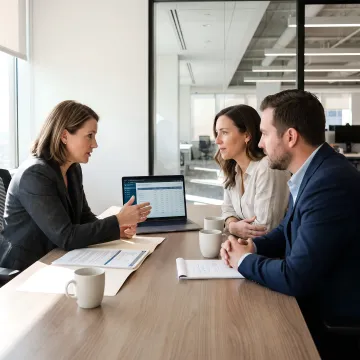 Consultant reviewing invoice financing options with agency owners
