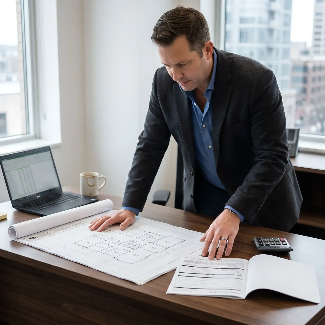 Financial professional reviewing commercial property loan documents