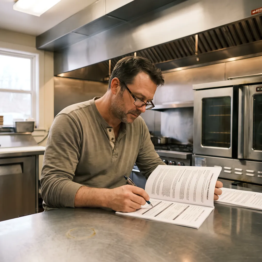 Restaurant owner reviewing equipment financing documents
