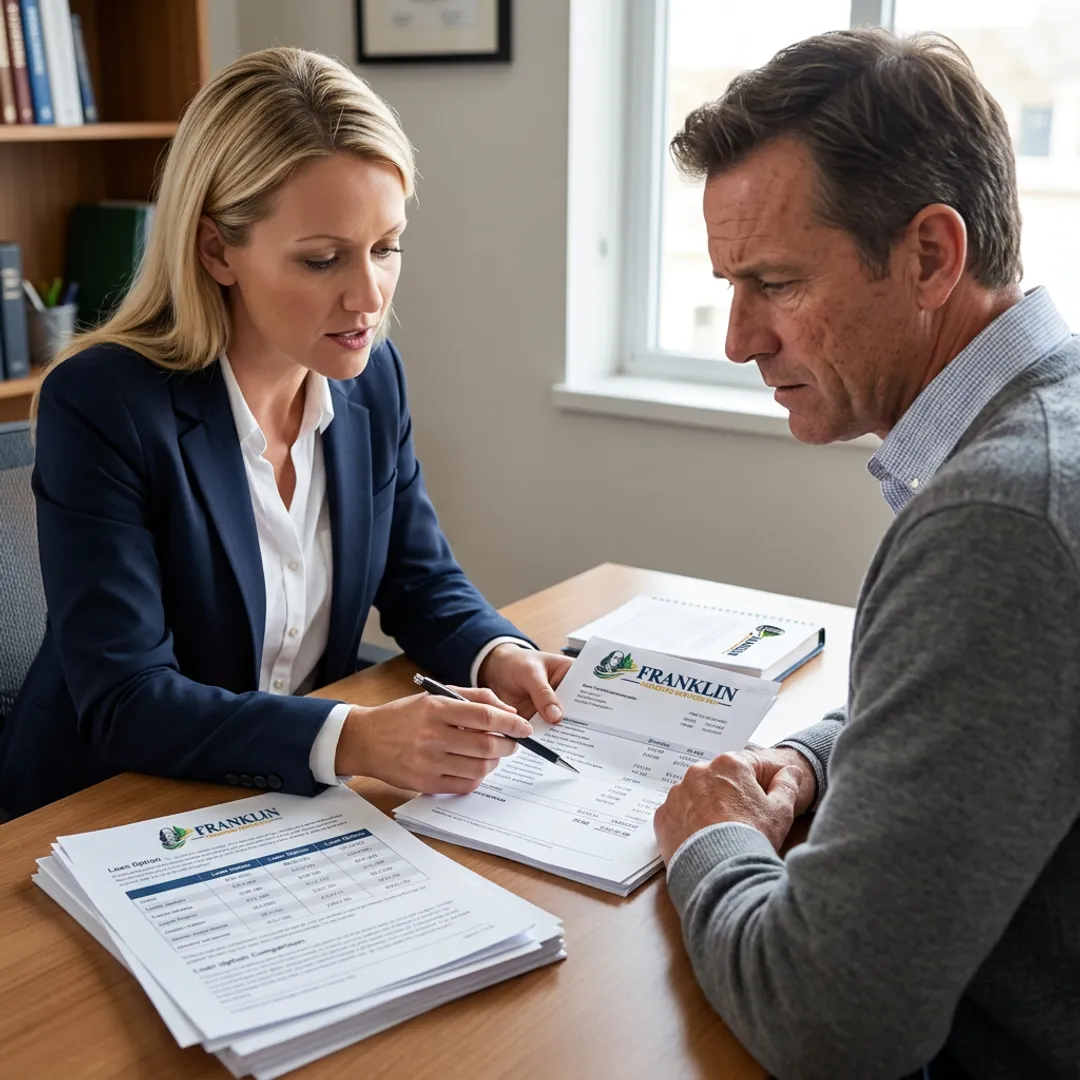 Business owner and financing specialist reviewing loan options