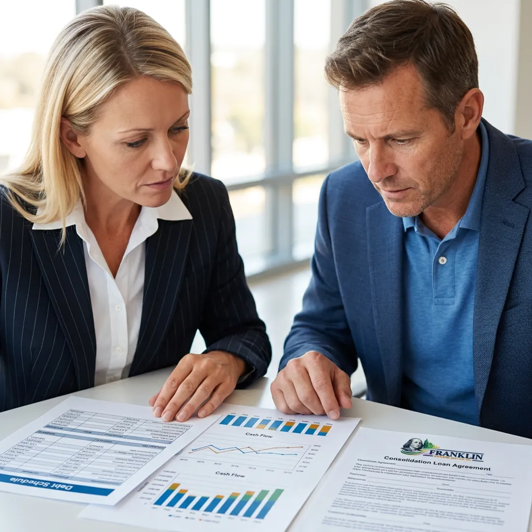 Financial advisor reviewing business debt consolidation plan