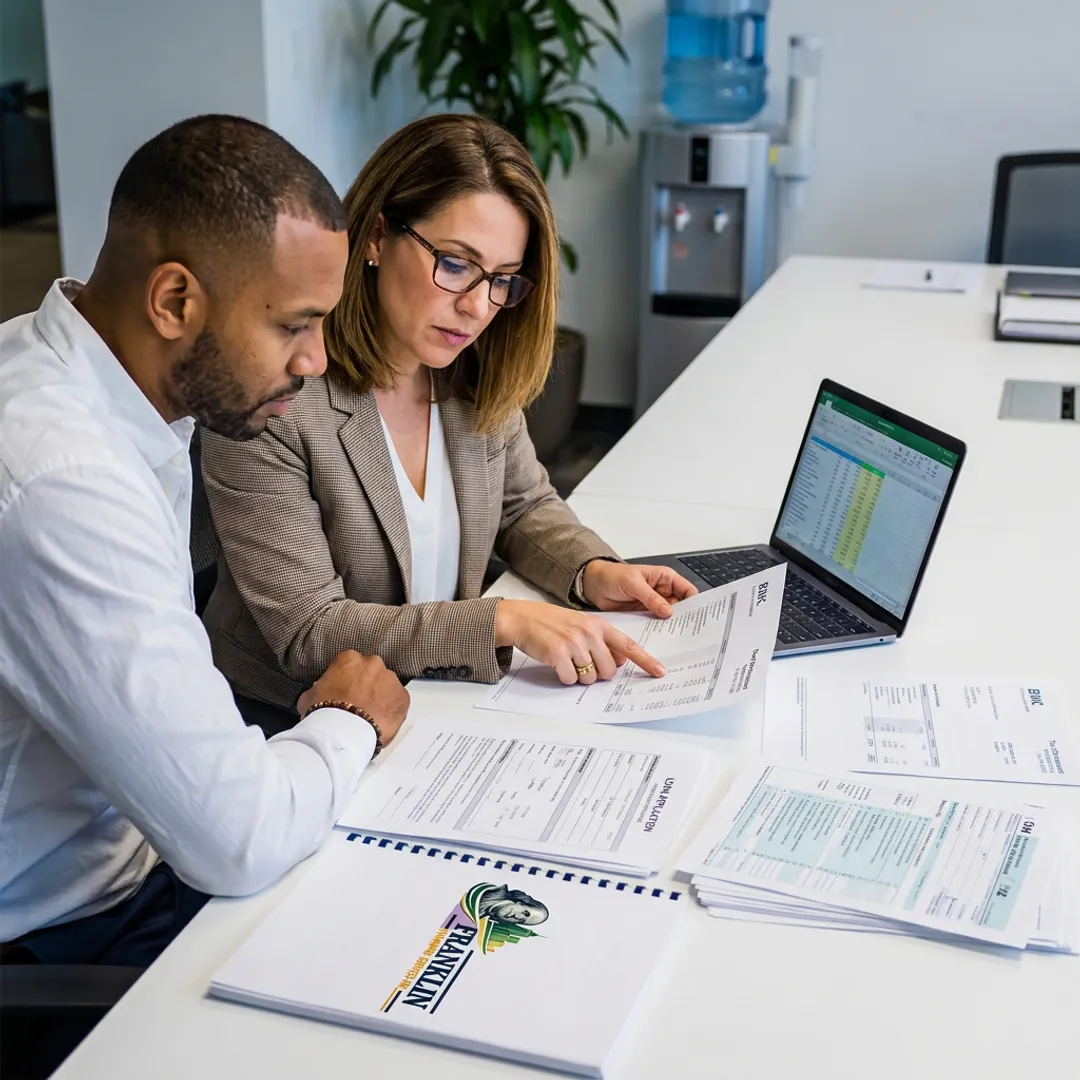 Business owner reviewing loan documents with financing specialist