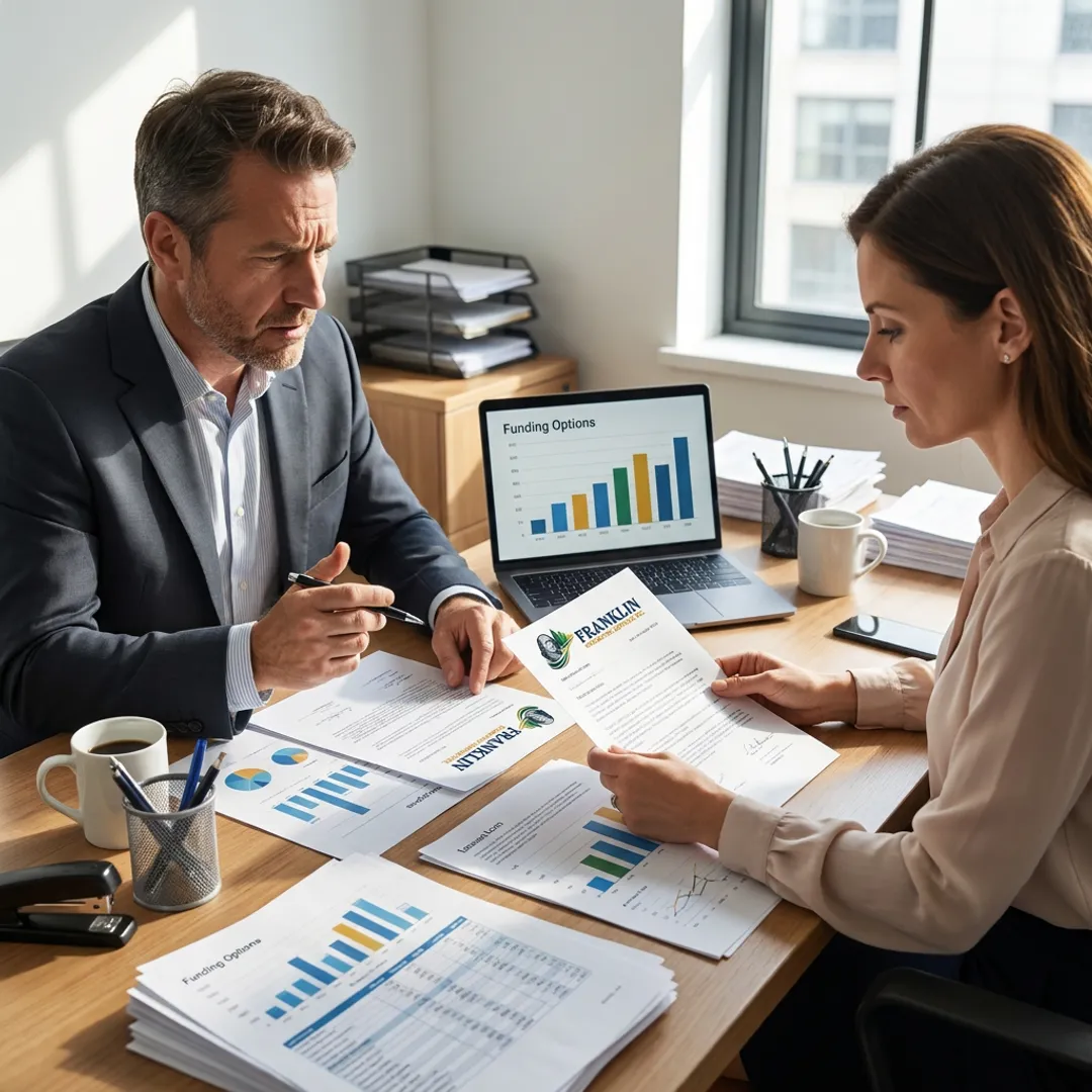 Business owner reviewing loan documents with financing specialist