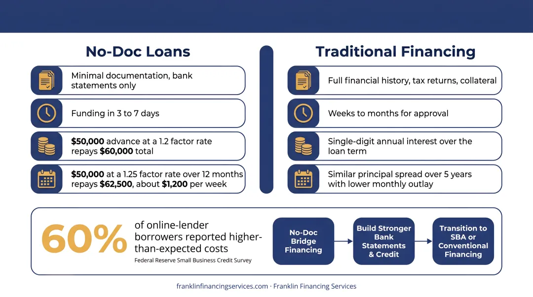 Factor rate cost example comparing no-doc loan to traditional bank loan