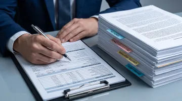 Financial regulator reviewing AML compliance enforcement documents at desk