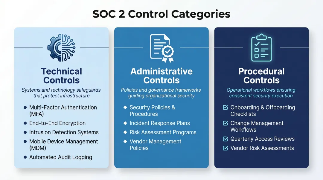 SOC 2 compliance control types technical administrative and procedural examples breakdown