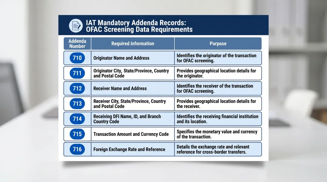 7 mandatory IAT addenda records 710-716 with required data fields