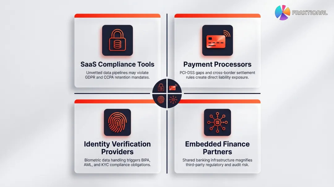 Four high-risk vendor categories creating fintech regulatory compliance exposure infographic