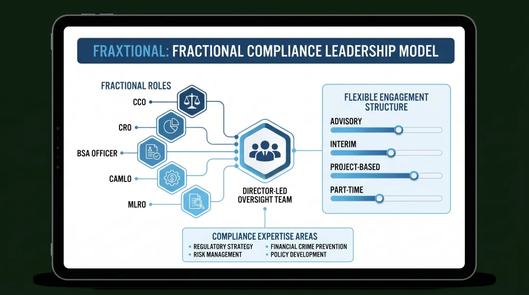 Fraxtional fractional compliance leadership model dashboard showing CCO and BSA Officer engagement