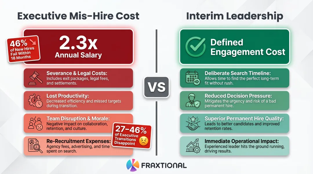 Cost comparison of executive mis-hire versus interim leadership engagement infographic