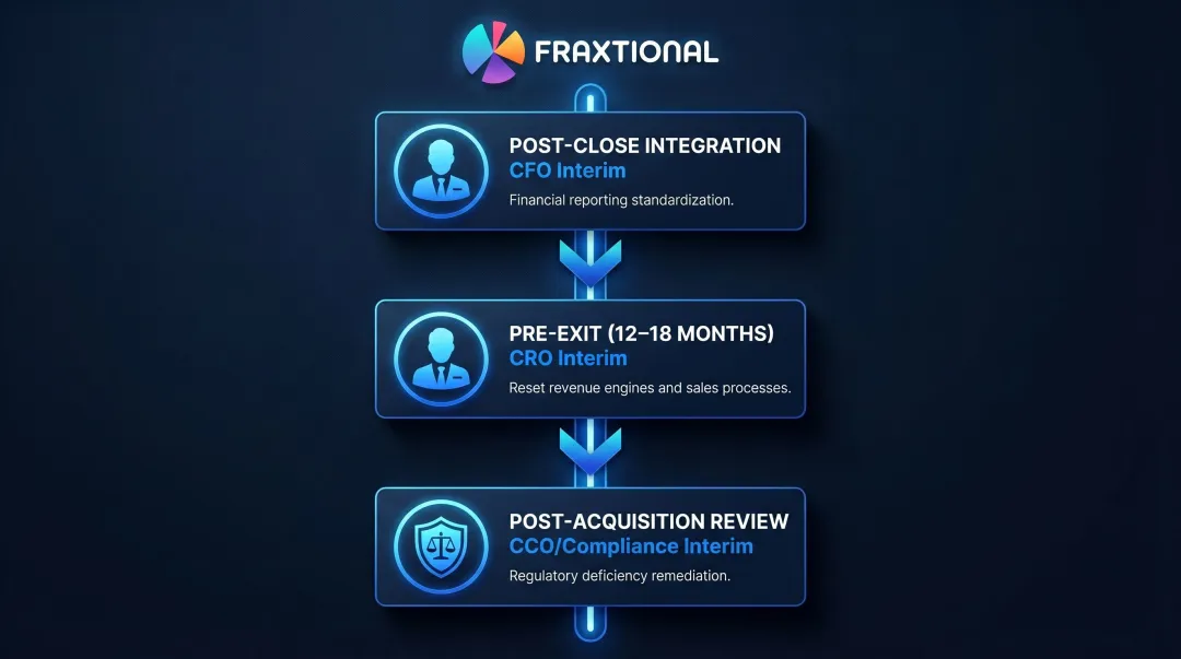 Three interim leadership roles mapped to PE portfolio lifecycle stages and use cases