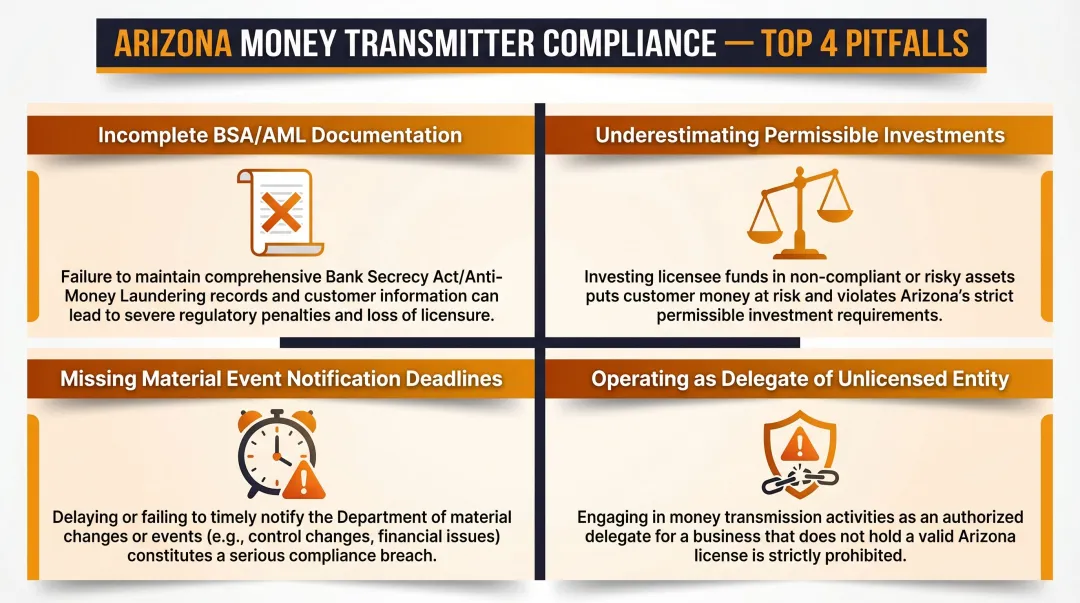 Four most common Arizona money transmitter license compliance pitfalls and risks infographic