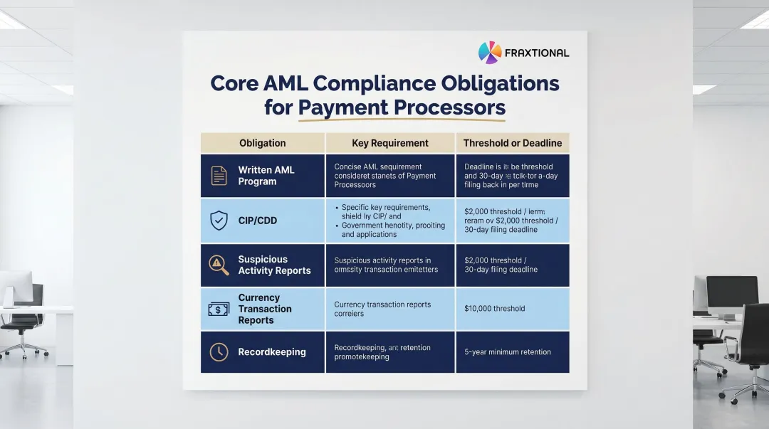 AML compliance obligations table mapping five requirements thresholds and deadlines for payment processors