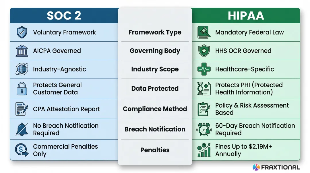 SOC 2 versus HIPAA side-by-side compliance framework comparison chart