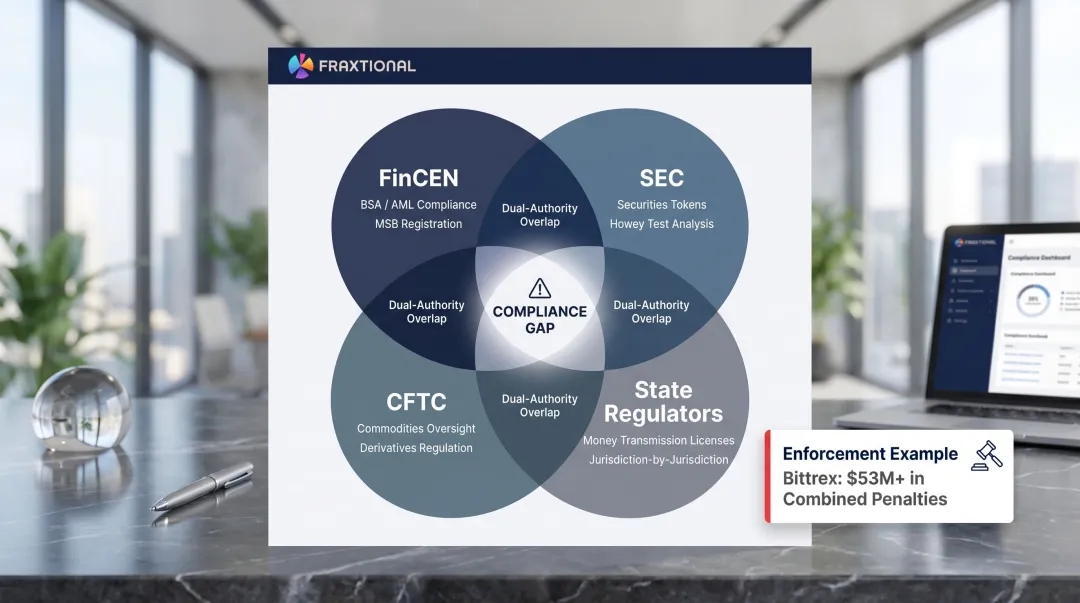 Four overlapping US crypto regulators FinCEN SEC CFTC and state authorities jurisdiction map