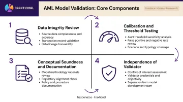 Four core AML model validation components process flow with icons and descriptions
