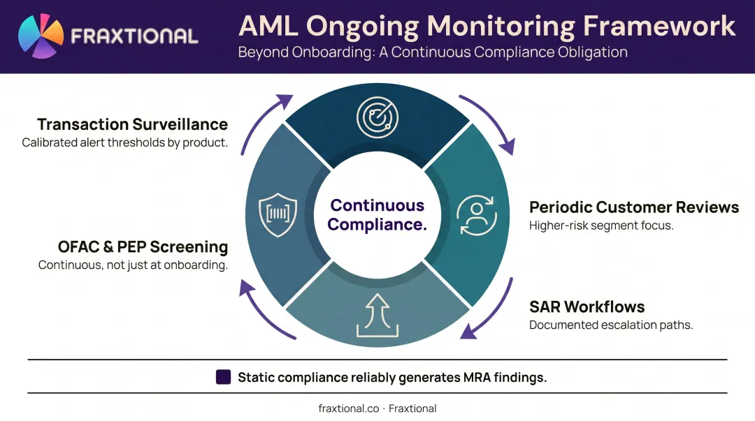 Four-component ongoing AML compliance monitoring framework for embedded finance programs