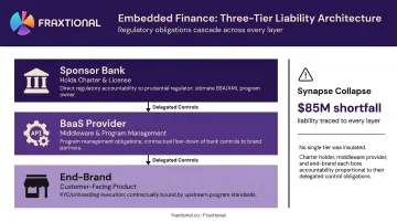 Three-layer embedded finance ecosystem showing sponsor bank BaaS provider and end-brand compliance roles