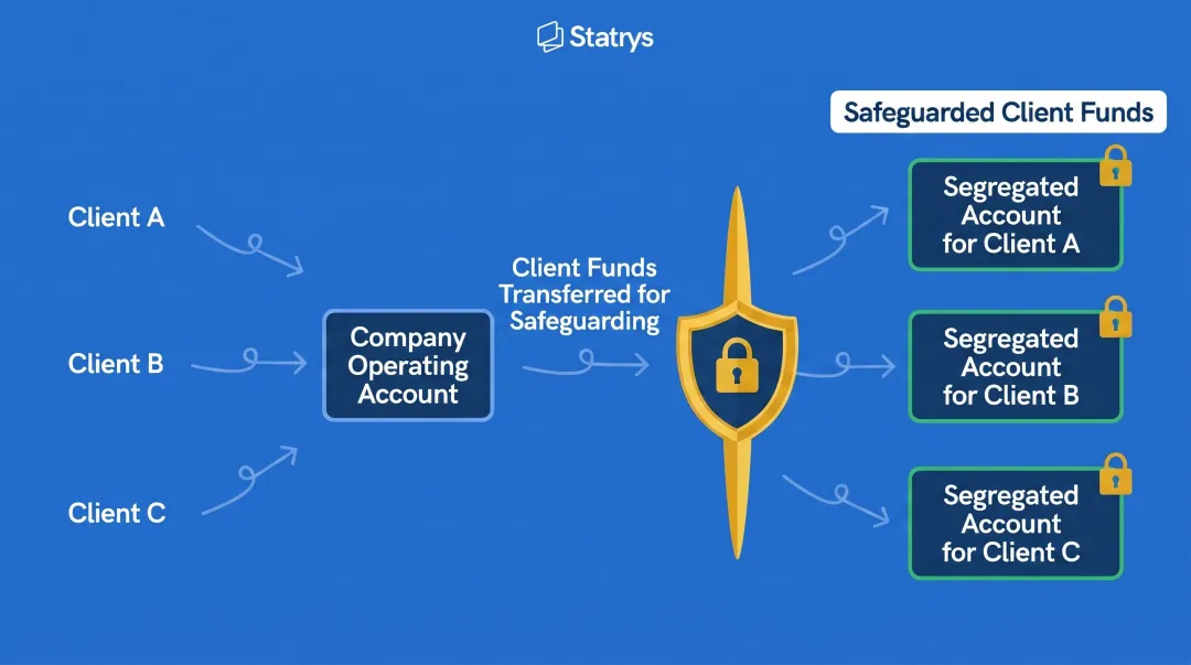 Segregated safeguarding bank account setup showing client fund separation from firm funds