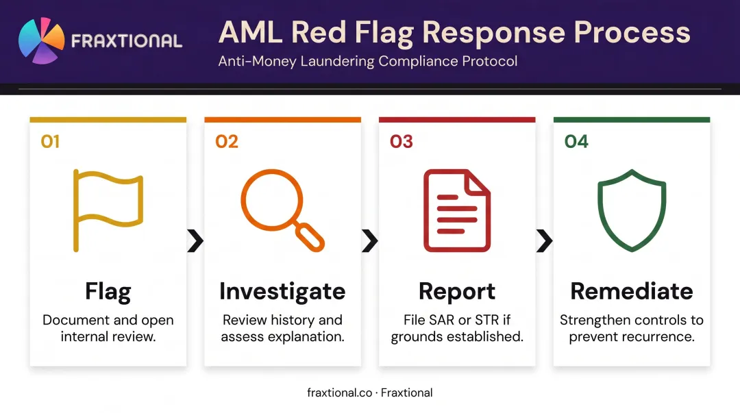 Four-step AML red flag response process flag investigate report remediate workflow