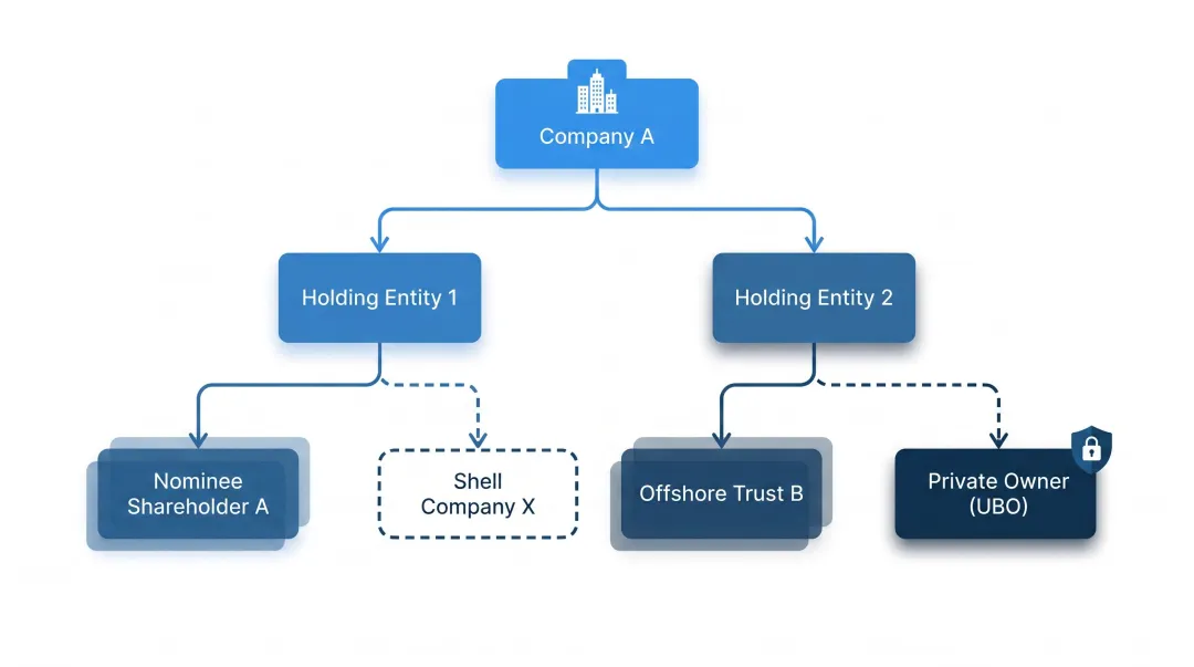 Complex shell company layered ownership structure diagram obscuring beneficial ownership