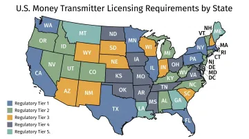U.S. state regulatory map highlighting states with active money transmitter license requirements