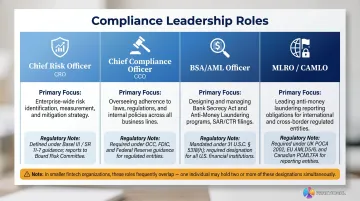 Four financial compliance roles CRO CCO BSA Officer MLRO comparison chart