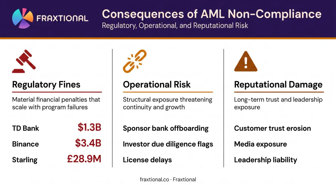 AML non-compliance consequences showing fines reputational and operational business risks