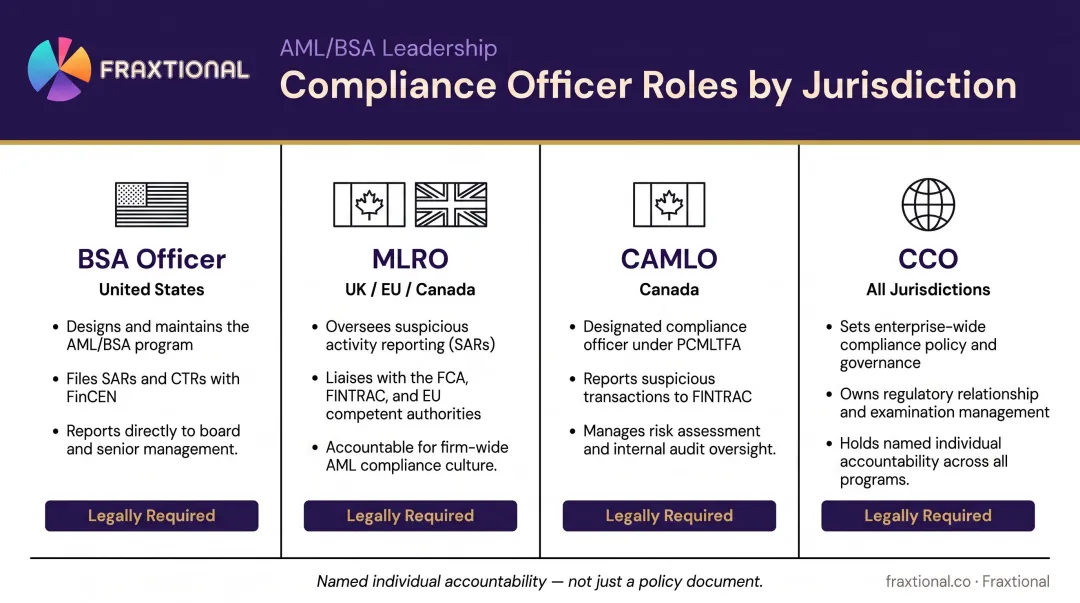 Required compliance officer roles by jurisdiction BSA MLRO CAMLO CCO comparison chart