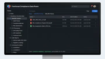 Organized compliance documentation folder system showing AML policies audit reports and KYC records